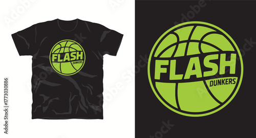 Black T-shirt Mockup with Green Basketball Logo Design Vector Illustration. Sporty Tee Flash Dunkers Print Template. Clothing Apparel Front View with Shadow