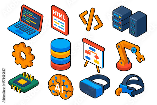Isometric Tech Icons. Isometric vector illustration set Education: coding laptop, HTML file icon, code brackets, gear icon,