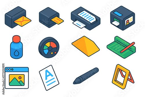 Vibrant 2D Printing Icons. Isometric vector illustration set 2D printing, design, and technology: envelope printer, ticket printer