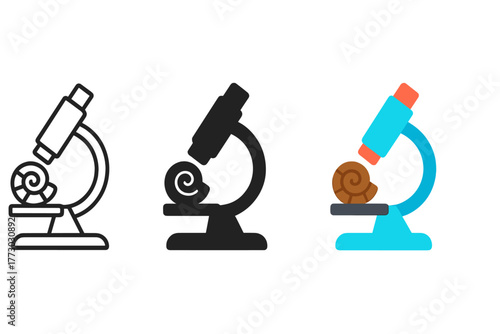 Stylized Microscope Icons. Minimalist research lab icon: three identical microscope with fossil icons in a row, first in line