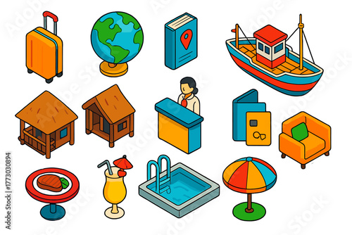 Travel Essentials Icons. Isometric vector illustration set Travel and Hospitality: lightweight suitcase, globe, printed travel