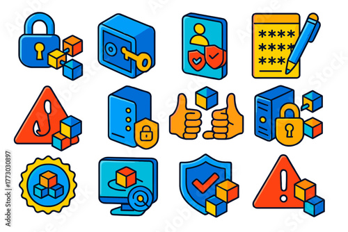 Blockchain Security Icons. Isometric vector illustration set Blockchain Security: encryption lock icon, private key storage, 2FA
