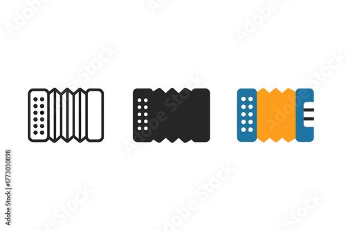 Minimalist Accordion Icons. Minimalist accordion icon: three identical accordion icons in a row, first in line style with thin
