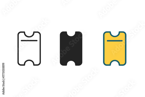 Minimalist Ticket Icons. Minimalist entry pass icon: three identical ticket icons in a row, first in line style with thin outline,