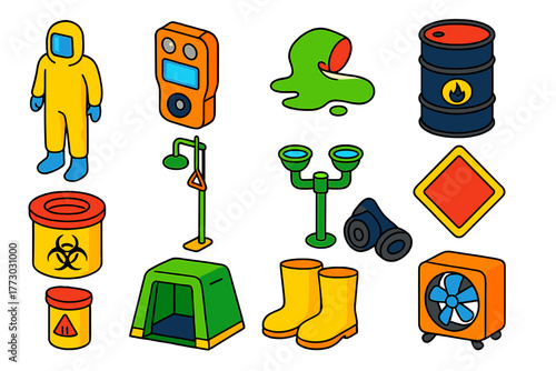 Chemical Safety Icons. Isometric vector illustration set Chemical and Hazardous Material Emergency: hazmat suit, gas detector,