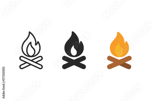 Trio of Campfire Icons. Minimalist campfire icon: three identical campfire icons in a row, first in line style with thin outline,