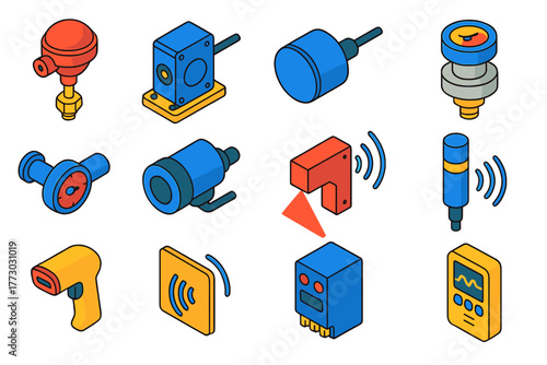 Factory Sensor Icons. Isometric vector illustration set Factory Sensors: temperature sensor, vibration sensor, proximity sensor,