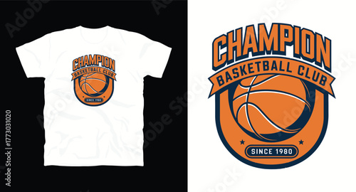 T-shirt mockup featuring champion basketball team design isolated on dark background for branding and apparel printing and advertising