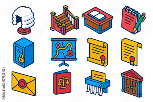 Isometric Law Symbols. Isometric vector illustration set Law and Justice: judicial wig, court staircase, law reference desk,