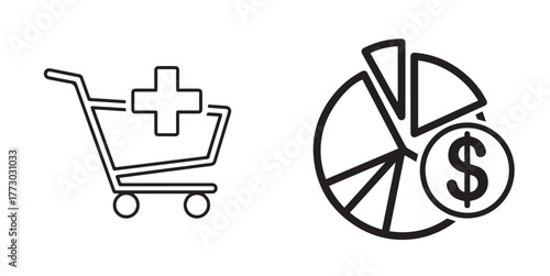 Black Outline Icons: Shopping Cart, Plus, Pie Chart, Dollar