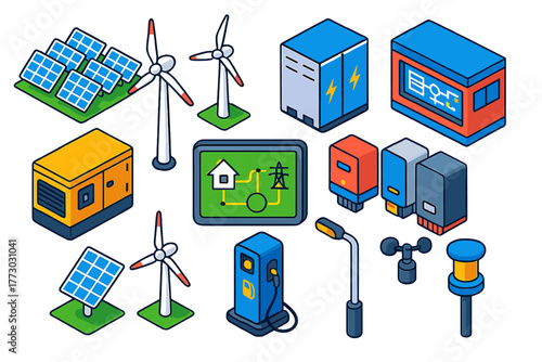 Microgrid Energy Icons. Isometric vector illustration set Microgrid Systems: community solar panels, small wind turbine, battery