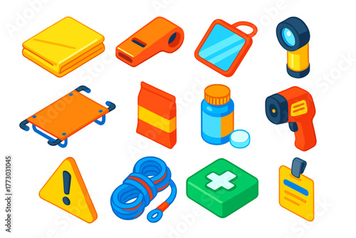 First Aid Essentials. Isometric vector illustration set First Aid and Healthcare Tools: rescue blanket, emergency whistle, signal