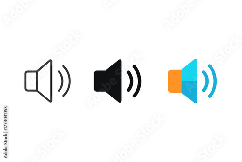 Minimalist Speaker Icons. Minimalist speaker icon: three identical speaker boxes with sound waves in a row, first in line style