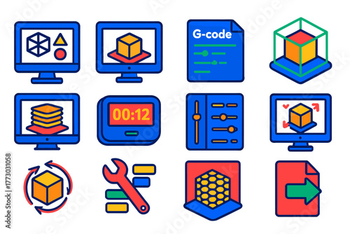 3D Printing Software Icons. Isometric vector illustration set 3D Printing Software: CAD software icon, slicing software screen,