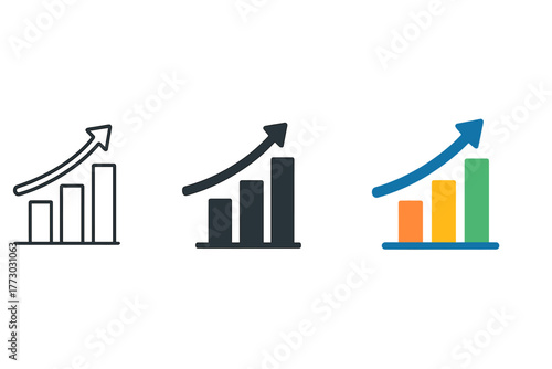 Growth Chart Trio. Minimalist chart growth icon: three identical bar charts with an upward arrow in a row, first in line style
