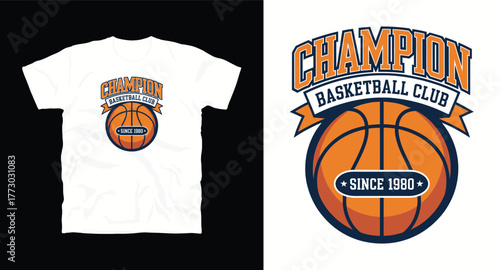 Champion Basketball Club Tee Design Vector Graphic Sport Team Logo Emblem Vintage Style Apparel Print Concept Illustration