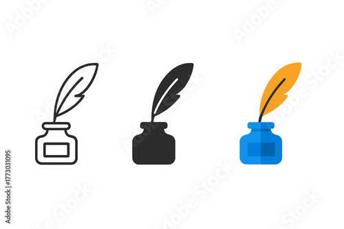 Quills and Inkpots Evolution. Minimalist publishing logo icon: three identical quill and inkpot icons in a row, first in line
