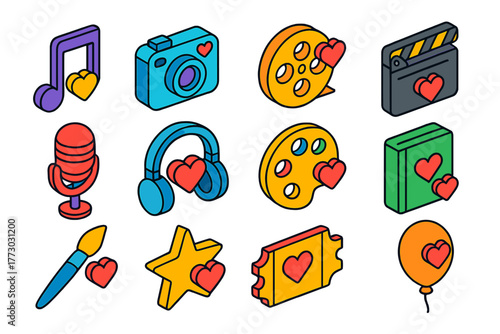 Pop Culture Icons. Isometric vector illustration set Pop Culture Hearts Outline Style: outlined music note with heart, outlined