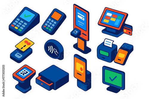 Vibrant POS Terminals. Isometric vector illustration set Payment Terminals: desktop POS terminal, portable POS device,