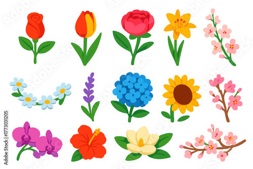 Vibrant Floral Icons. Isometric vector illustration set Various Flowers: romantic rose bud, single tulip stem, blooming peony,
