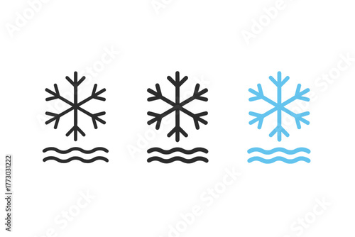 Minimalist Snowflake Icons. Minimalist snow condition icon: three identical snowflake and snow texture indicators in a row, first