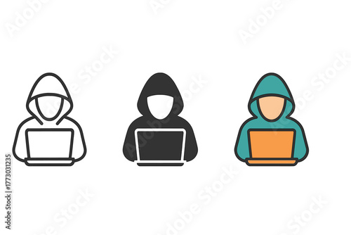 Minimalist Hacker Icons. Minimalist hacker icon: three identical person with hood and laptop icons in a row, first in line style