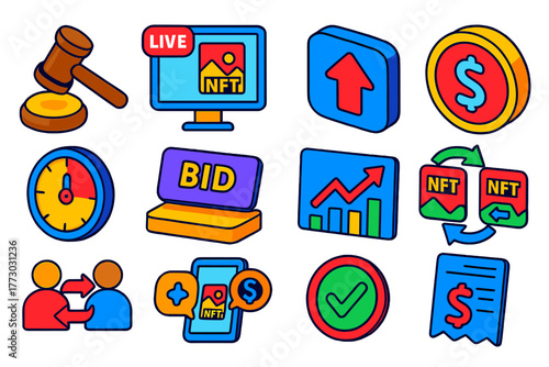 NFT Auction Elements. Isometric vector illustration set NFT Trading and Auctions: auction gavel icon, live auction screen, bid
