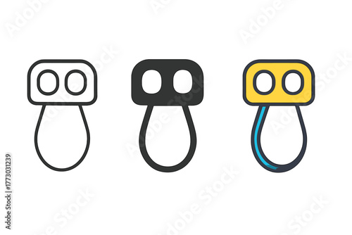 Belay Device Iconography. Minimalist belay device icon: three identical belay device icons in a row, first in line style with thin