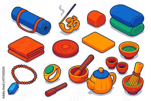 Yoga Essentials Collection. Isometric vector illustration set Yoga and Mindfulness Essentials: mat with case, OM incense holder,
