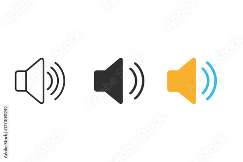 Minimalist Speaker Icons. Minimalist speaker icon: three identical speaker boxes with sound waves in a row, first in line style