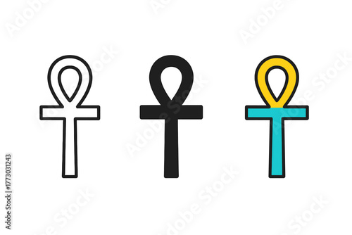 Minimalist Ankh Trio. Minimalist ankh icon: three identical ankh cross icons in a row, first in line style with thin outline,