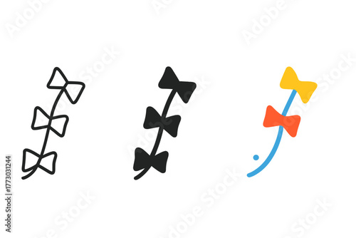 Kite Tails Icons. Minimalist tail decoration icon: three identical kite tails icons in a row, first in line style with thin