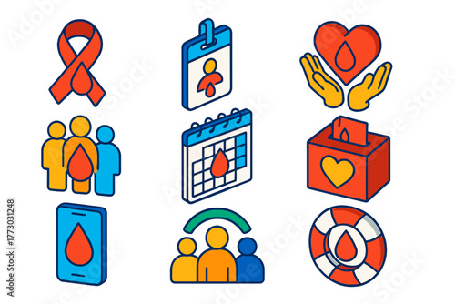 Blood Donation Icons. Isometric vector illustration set Blood Donation Awareness: awareness ribbon with blood drop, volunteer