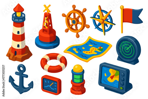 Maritime Navigation Icons. Isometric vector illustration set Maritime Navigation: lighthouse, buoy marker, ship wheel, compass