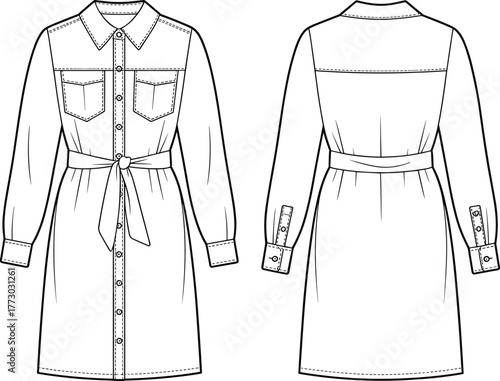 Front and back shirt dress fashion flat sketch, long sleeve button down dress with waist belt, pockets, and cuff details illustration