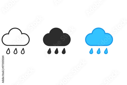 Minimalist Rain Icons. Minimalist rain spring icon: three identical clouds with light rain drops below in a row, first in line