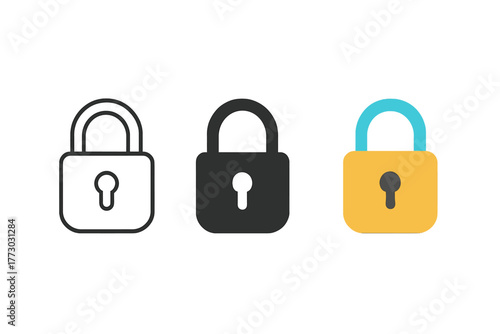 Password Strength Icons. Minimalist password strength icon: three identical padlock with key symbols icons in a row, first in line