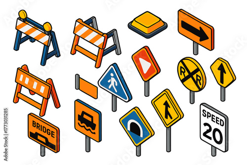Vibrant Safety Icons. Isometric vector illustration set Safety and Warning: police barrier, traffic barricade, reflective road