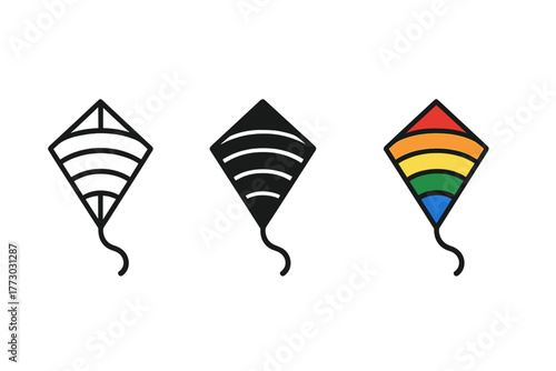 Rainbow Kite Trio. Minimalist rainbow kite icon: three identical rainbow-patterned kites in a row, first in line style with thin