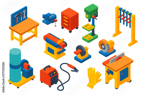 Workshop Tools Icons. Isometric vector illustration set Workshop Tools: workbench, bench vise, tool chest, drill press, belt