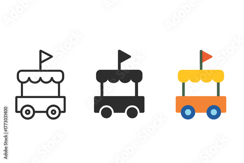 Minimalist Parade Floats. Minimalist parade float icon: three identical decorated parade floats in a row, first in line style with