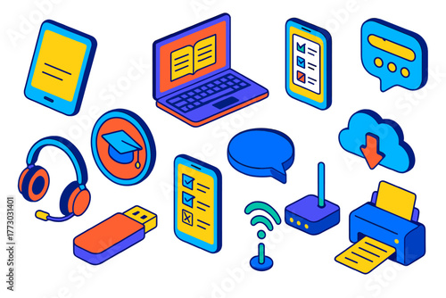 E-Learning Icons Set. Isometric vector illustration set Education: digital tablet, laptop, smartphone, e-learning icon, headphones