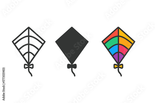 Rainbow Kite Trio. Minimalist rainbow kite icon: three identical rainbow-patterned kites in a row, first in line style with thin