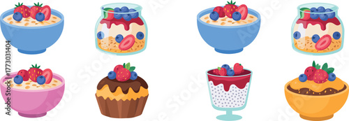 Healthy breakfast dessert bowl and jar illustration with fruits, berries, oatmeal, yogurt, granola, smoothie, parfait, and pudding vector set