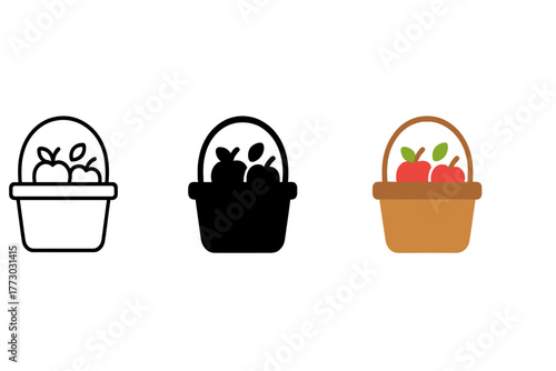 Harvest Basket Trio. Minimalist harvest basket icon: three identical baskets filled with apples in a row, first in line style with