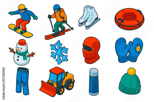 Winter Sports Icons. Isometric vector illustration set winter sports and fun: park freestyle snowboard, ski touring set, beginner