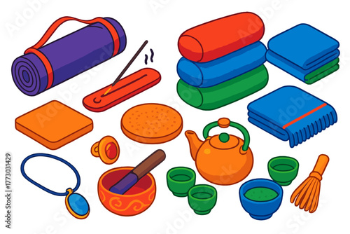 Yoga Essentials Collection. Isometric vector illustration set Yoga and Mindfulness Essentials: mat with case, OM incense holder,