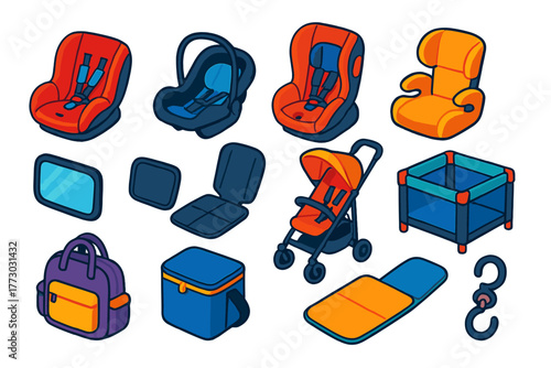 Colorful Baby Essentials Illustrations. Isometric vector illustration set Baby Essentials: car seat, infant carrier, convertible