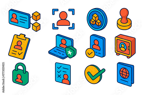 Digital Identity Icons. Isometric vector illustration set Digital Identity on Blockchain: digital ID card, biometric verification,