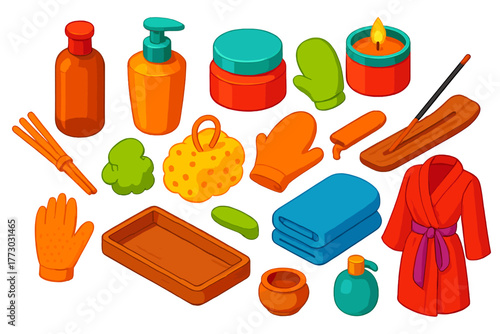 Wellness and Beauty Essentials. Isometric vector illustration set Wellness, Relaxation, and Beauty Essentials: massage oil bottle,